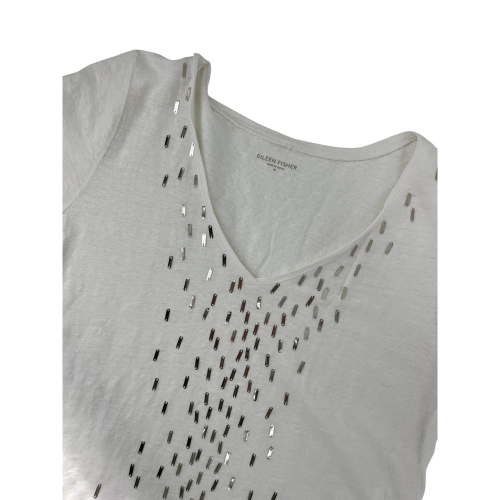 Eileenโ Fisher Womens White 100% Linen Silver Studded V-Neck Tee Shirt Size M